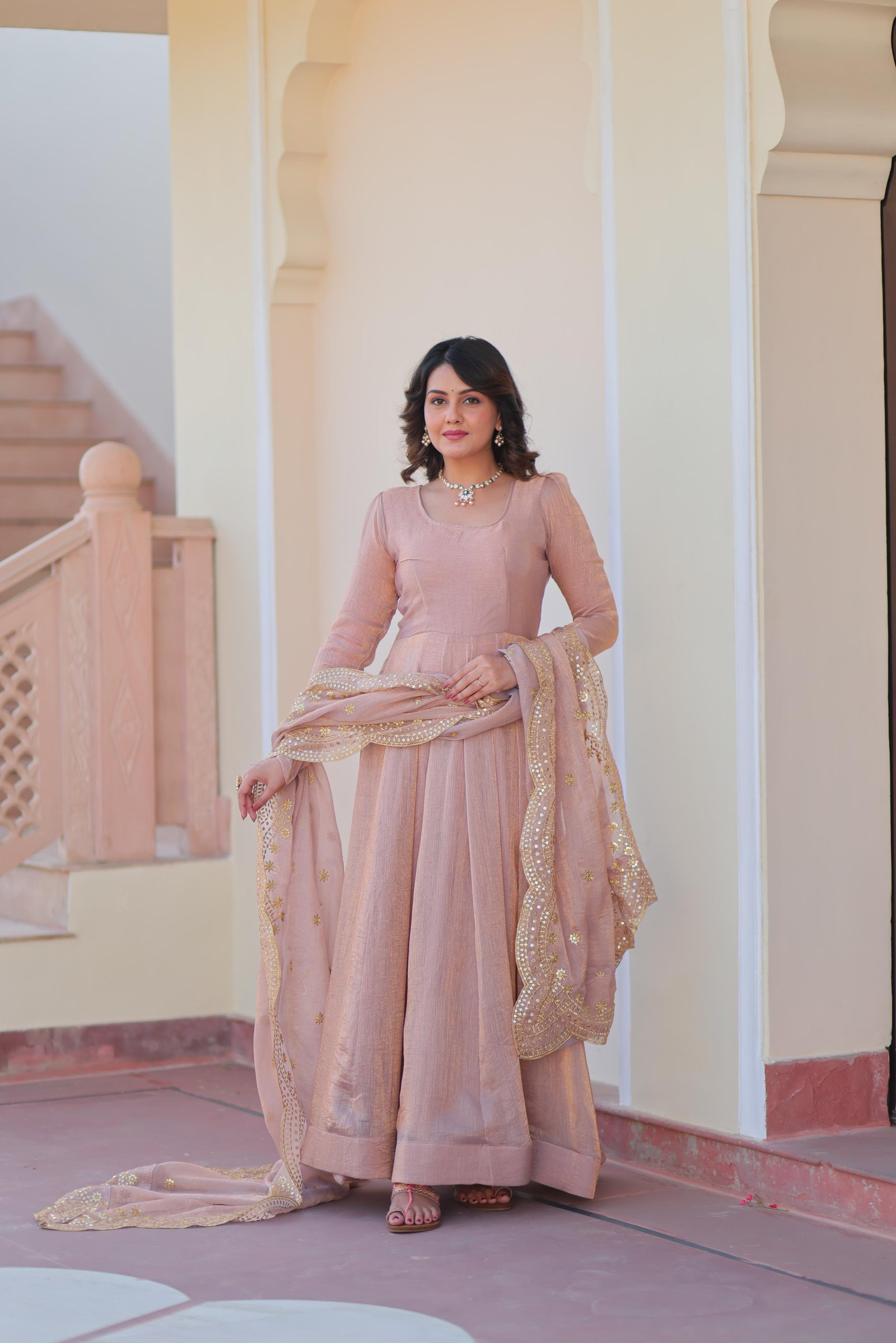 Elegant Fendi Silk Gown with Embroidered Dupatta